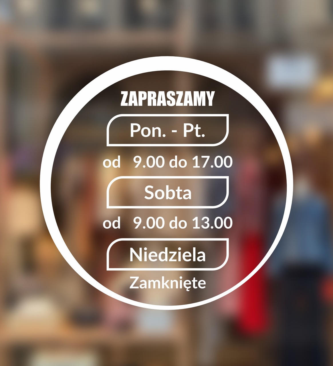 Godziny otwarcia naklejka naklejona na szybę sklepową