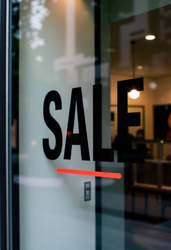 Napis Sale naklejony na witrynę